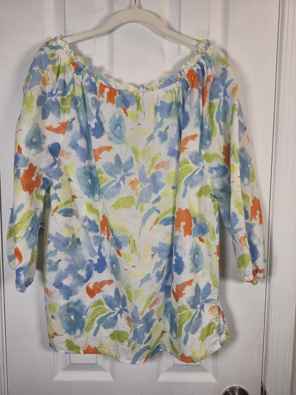 Hester & Orchard Floral Linen Blend Peasant Blouse XL Blue Orange Off Shoulder - Picture 3 of 7